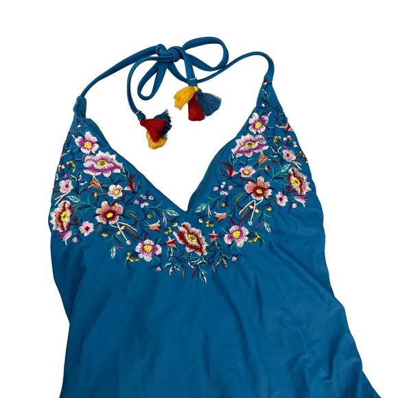 Wallflower Emily Embroidered Flower One-Piece Halter Swimsuit - Blue-Women Small - Picture 4 of 8
